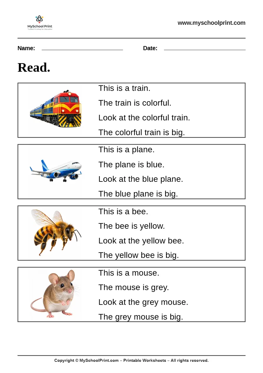 Simple English Reading Worksheet 36 for Kindergarten