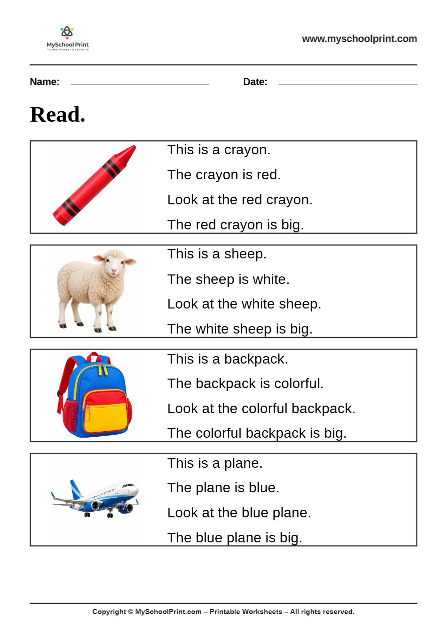 Simple English Reading Worksheet 37 for Kindergarten