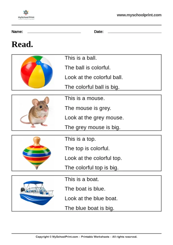Simple English Reading Worksheet 38 for Kindergarten