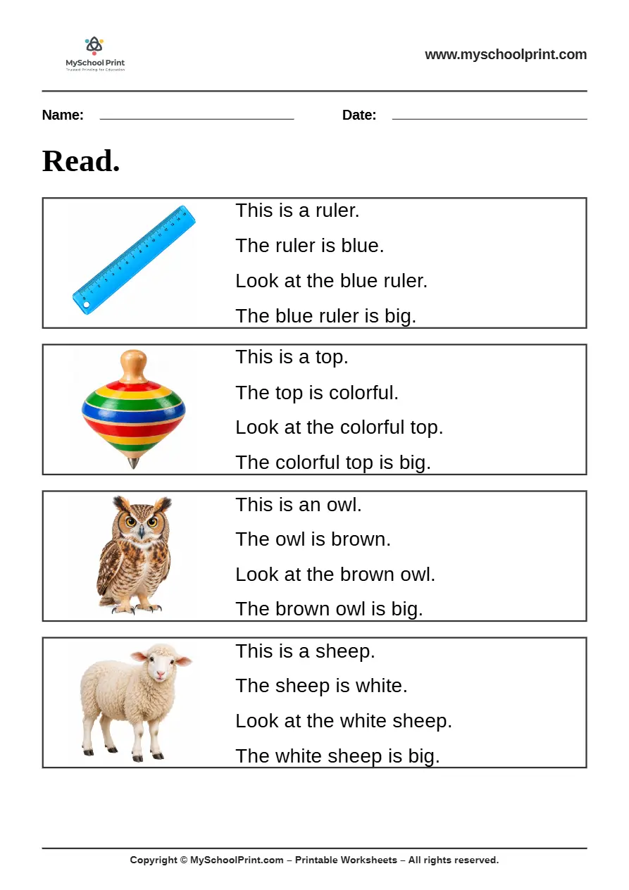 Simple English Reading Worksheet 39 for Kindergarten