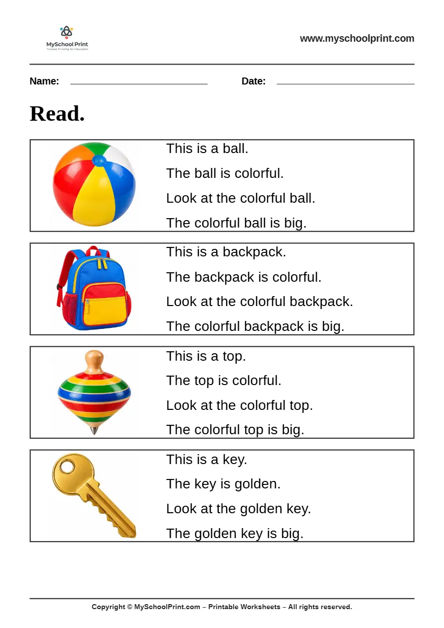 Simple English Reading Worksheet 40 for Kindergarten