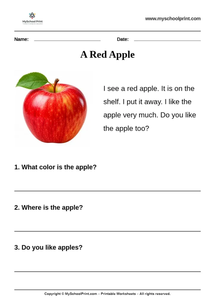 passage QA worksheet 41 for kindergarten reading practice