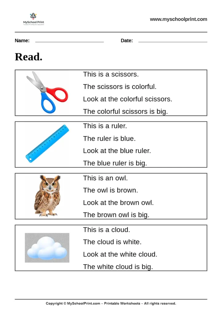 Simple English Reading Worksheet 41 for Kindergarten