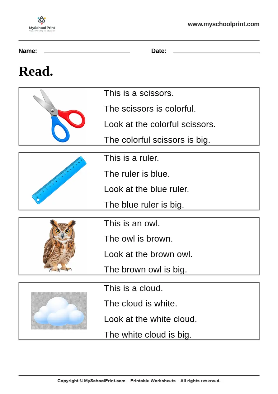 Simple English Reading Worksheet 41 for Kindergarten
