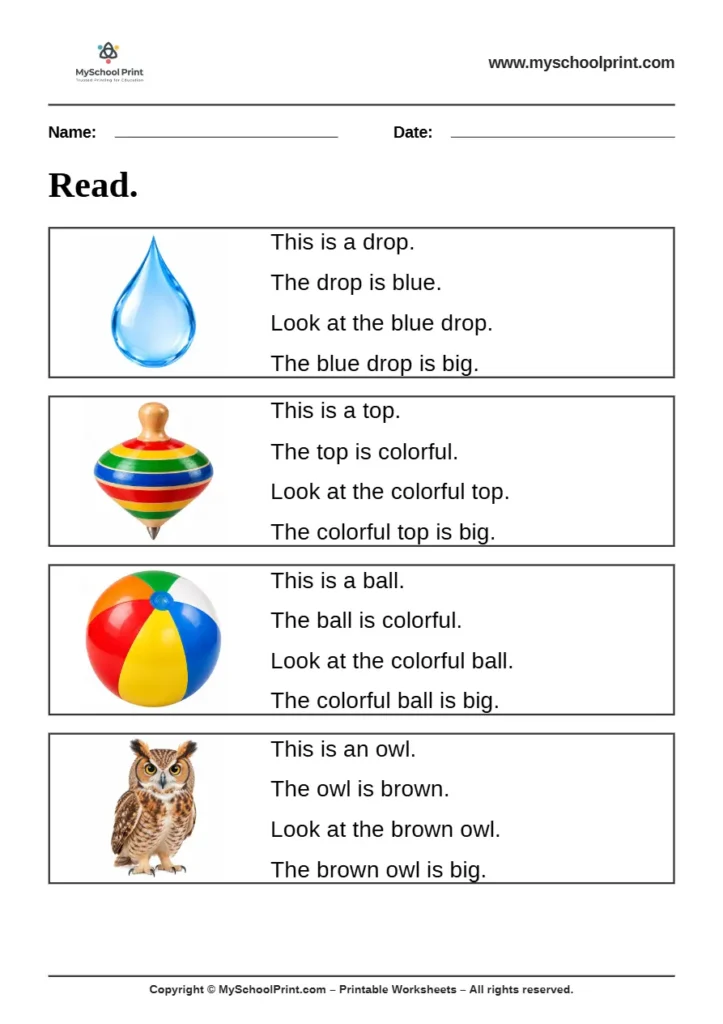 Simple English Reading Worksheet 42 for Kindergarten