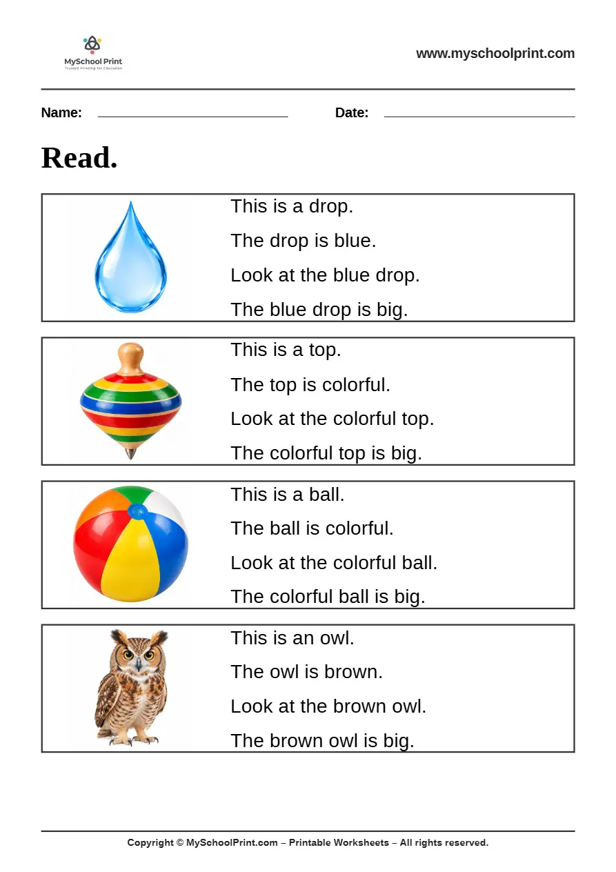Simple English Reading Worksheet 42 for Kindergarten