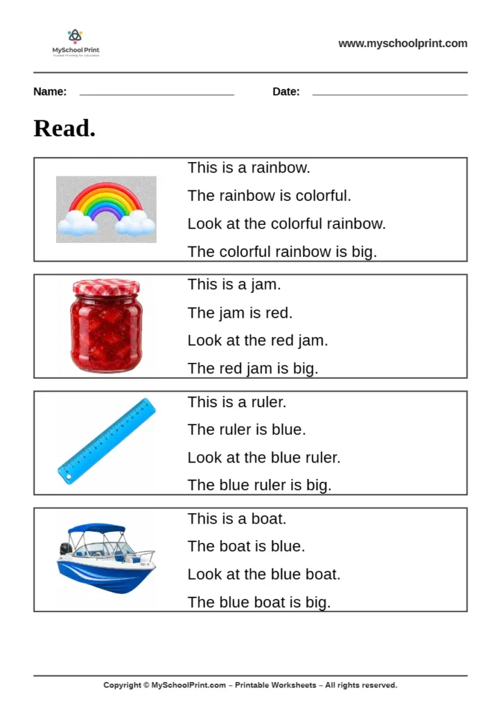 Simple English Reading Worksheet 43 for Kindergarten
