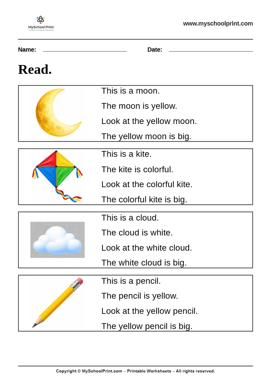 Simple English Reading Worksheet 44 for Kindergarten