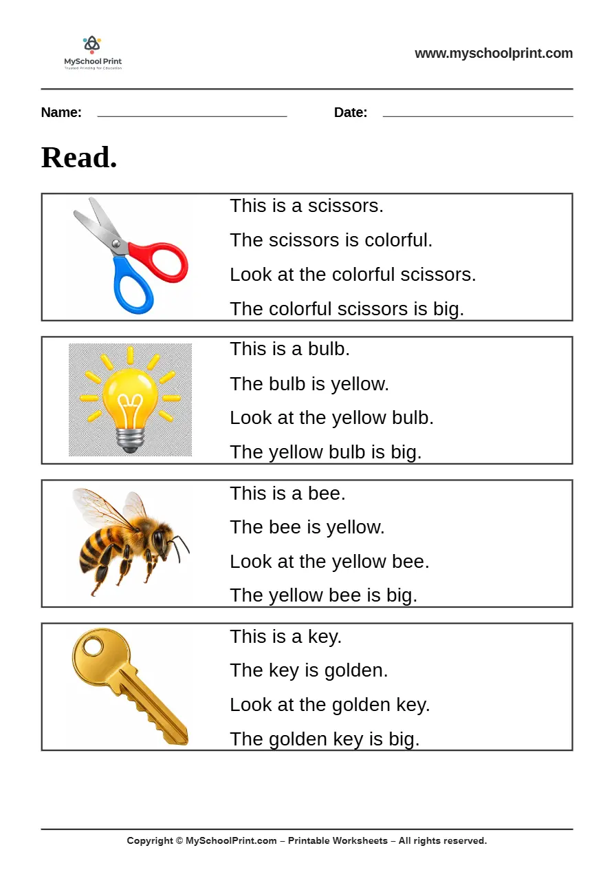 Simple English Reading Worksheet 45 for Kindergarten
