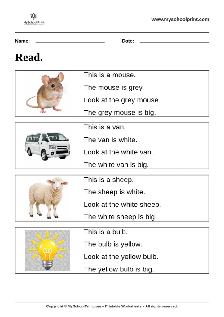 Simple English Reading Worksheet 46 for Kindergarten