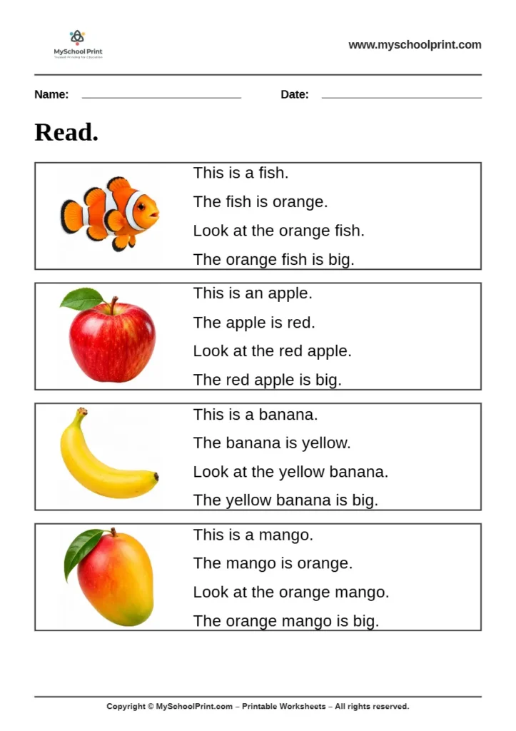 Simple English Reading Worksheet 47 for Kindergarten