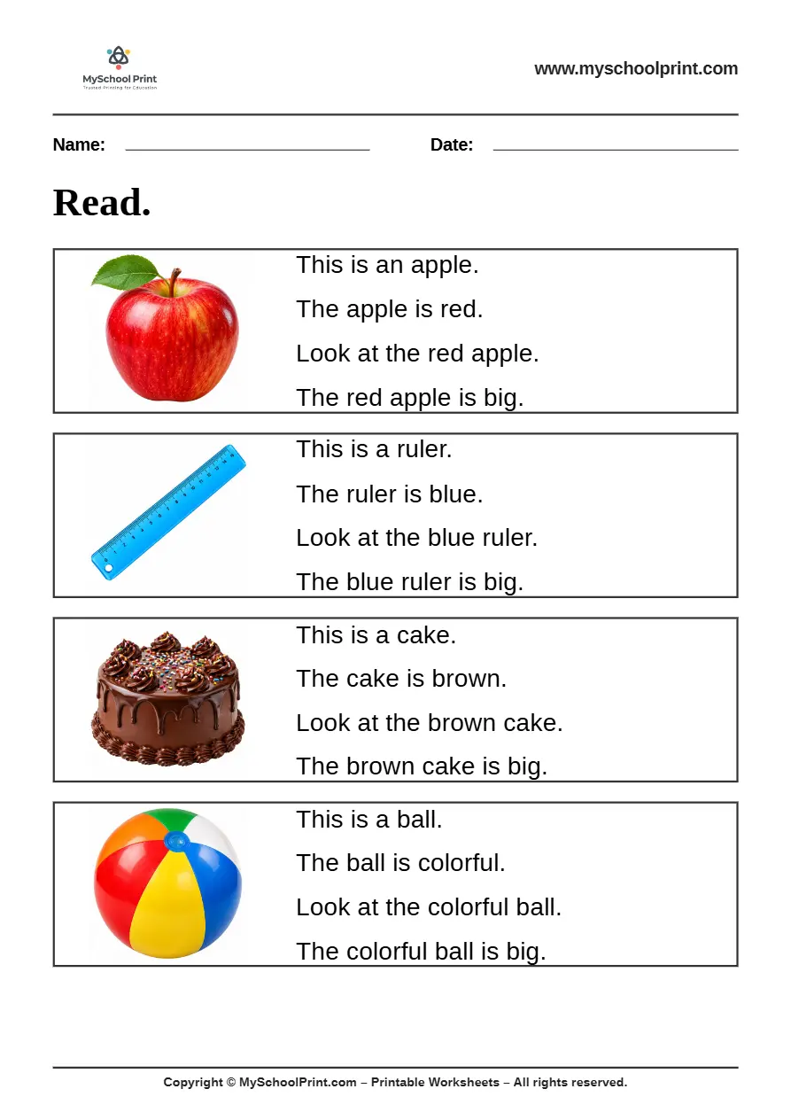 Simple English Reading Worksheet 48 for Kindergarten