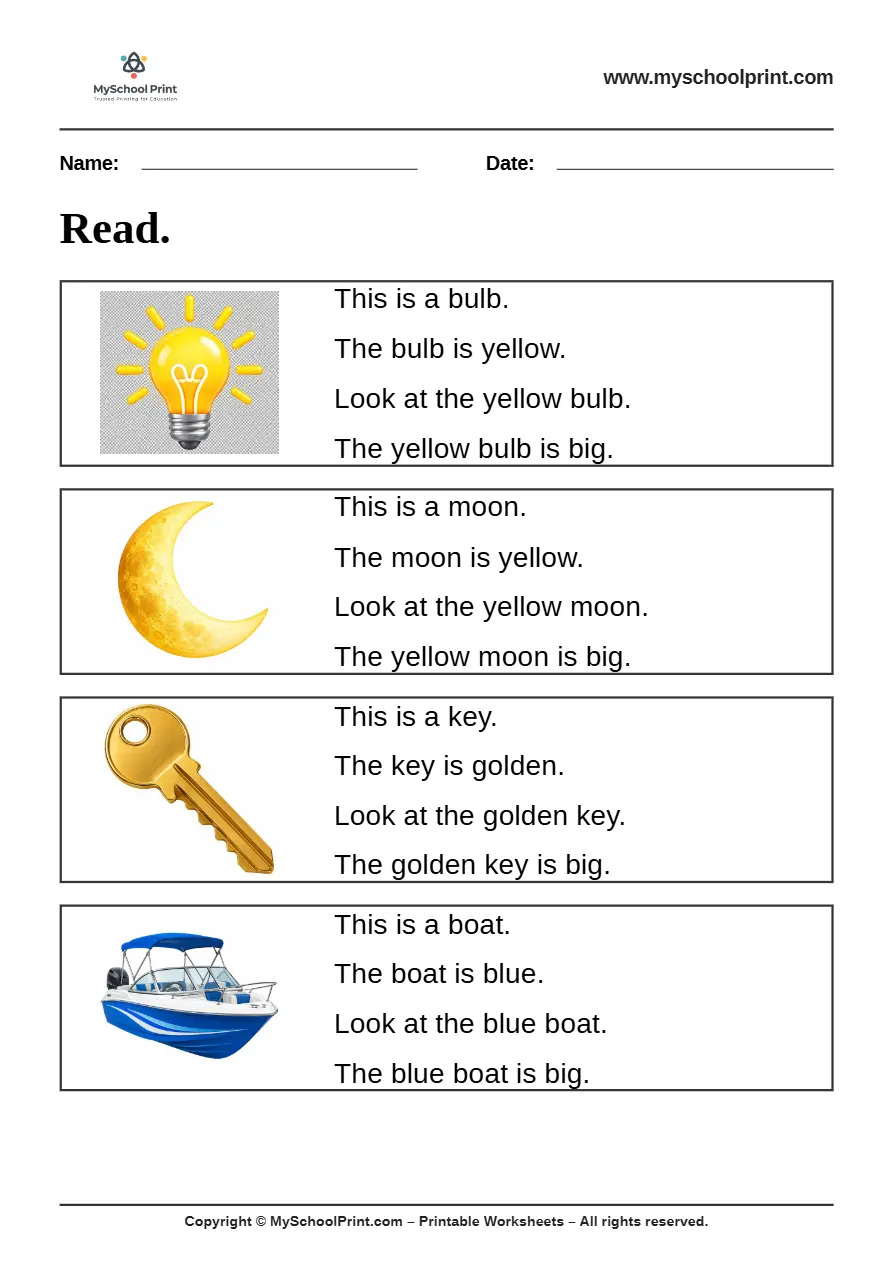 Simple English Reading Worksheet 50 for Kindergarten