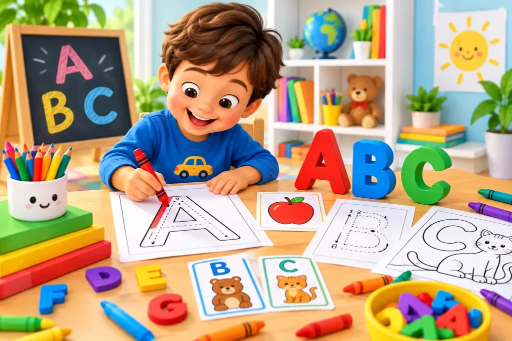 Alphabet activities for preschoolers with colorful letters, tracing worksheets, and learning cards