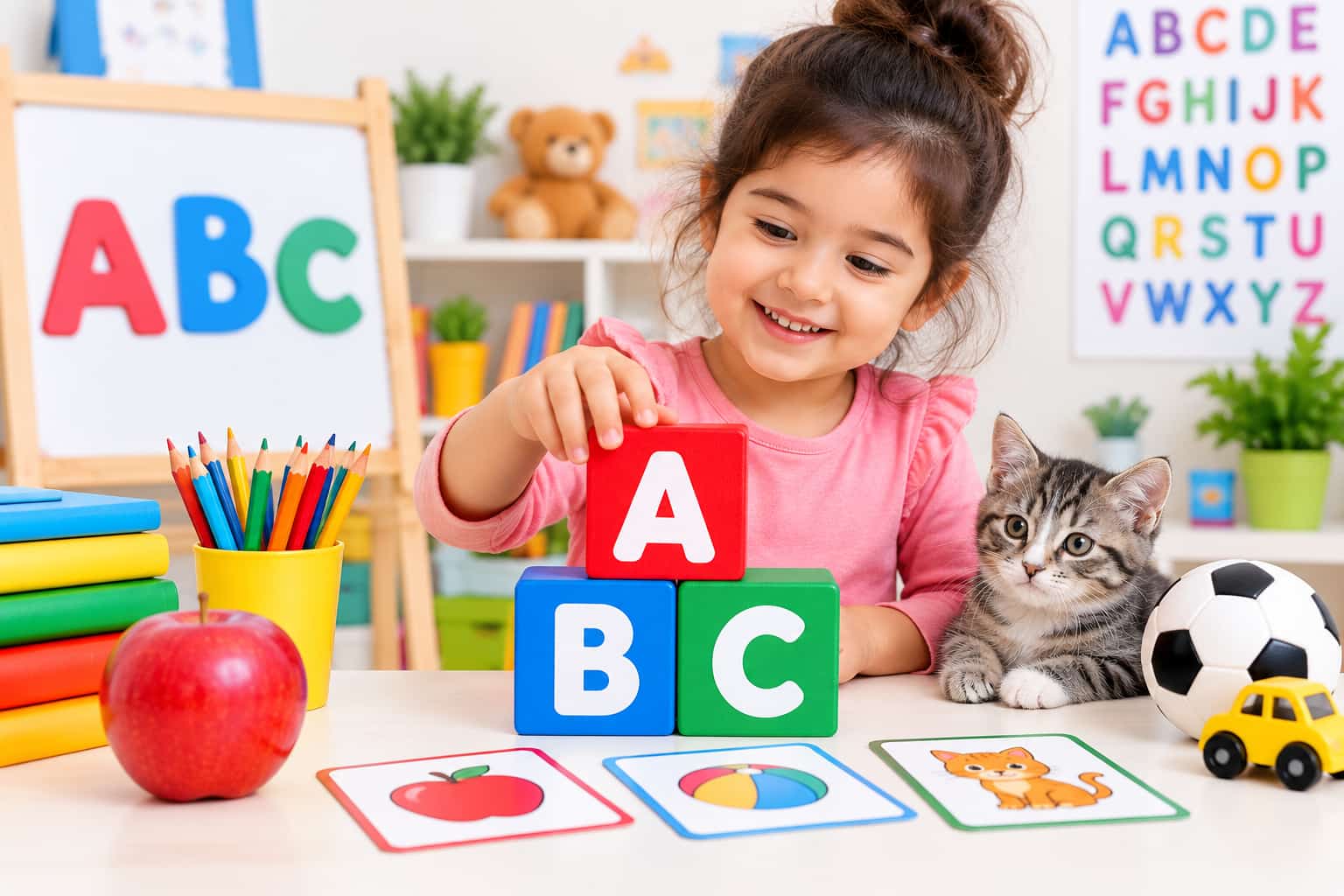 Child learning the alphabet with colorful A, B, and C blocks in a preschool classroom