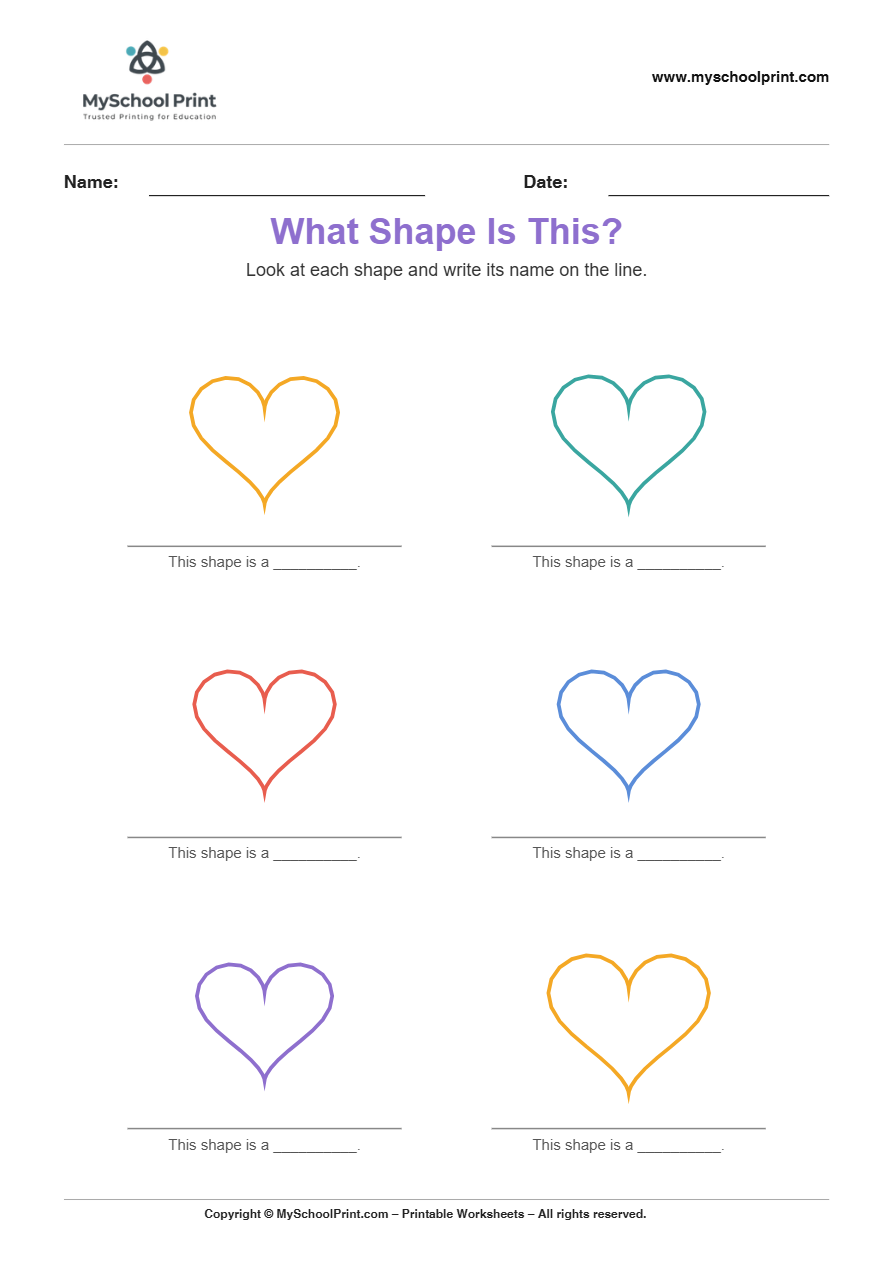 basic nameshape heart worksheet for kindergarten kids