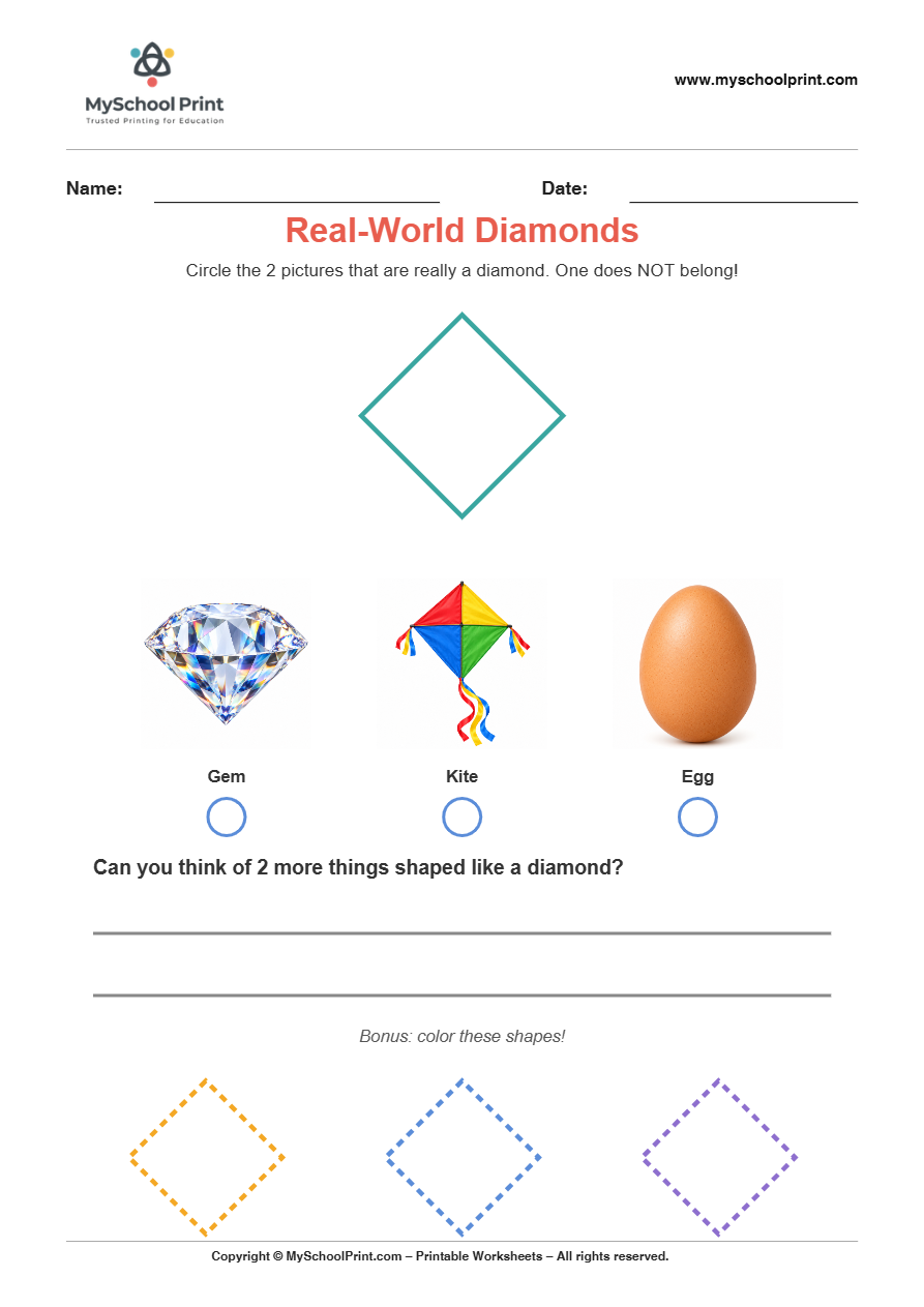 basic realworld diamond worksheet for kindergarten kids