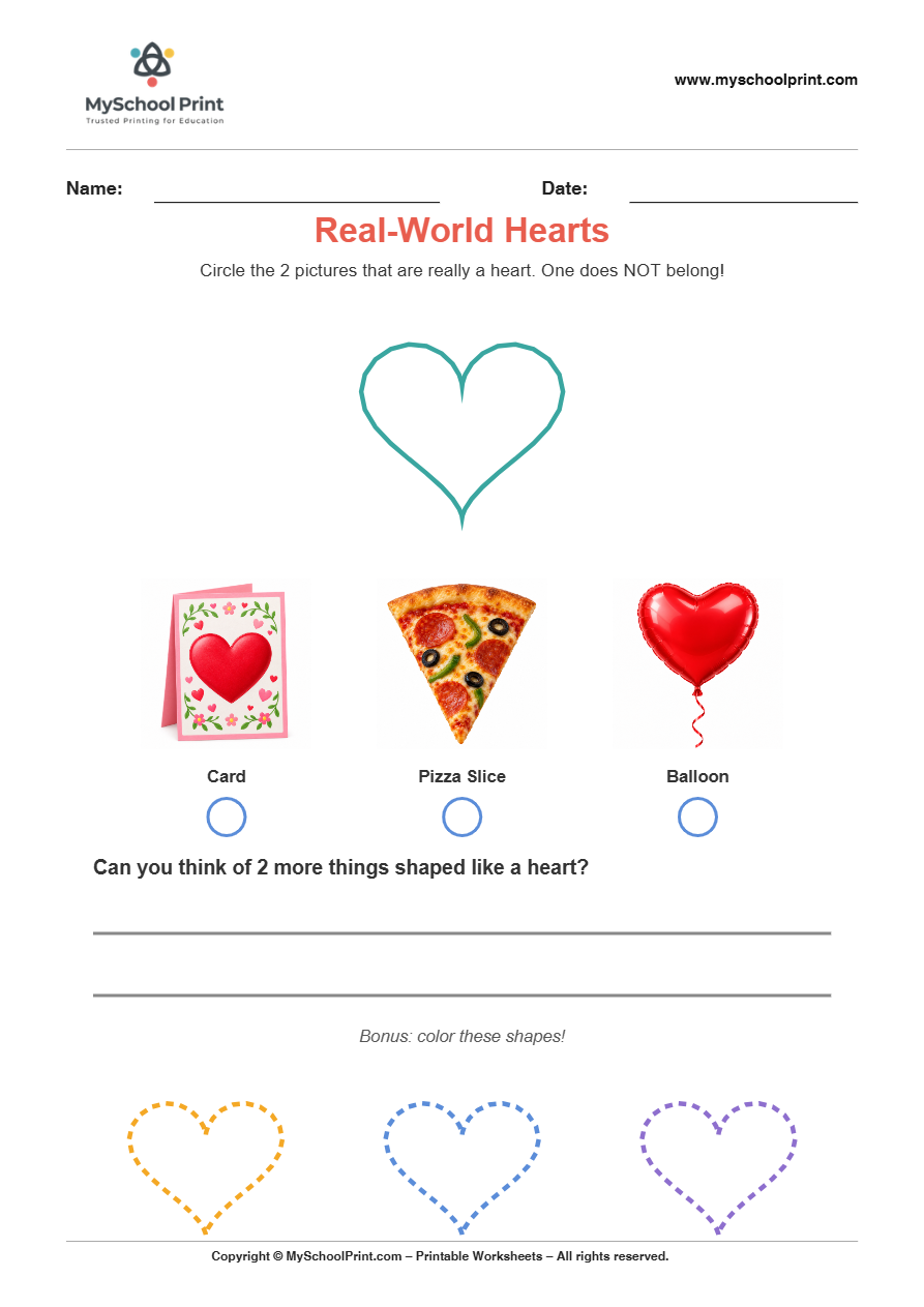 basic realworld heart worksheet for kindergarten kids