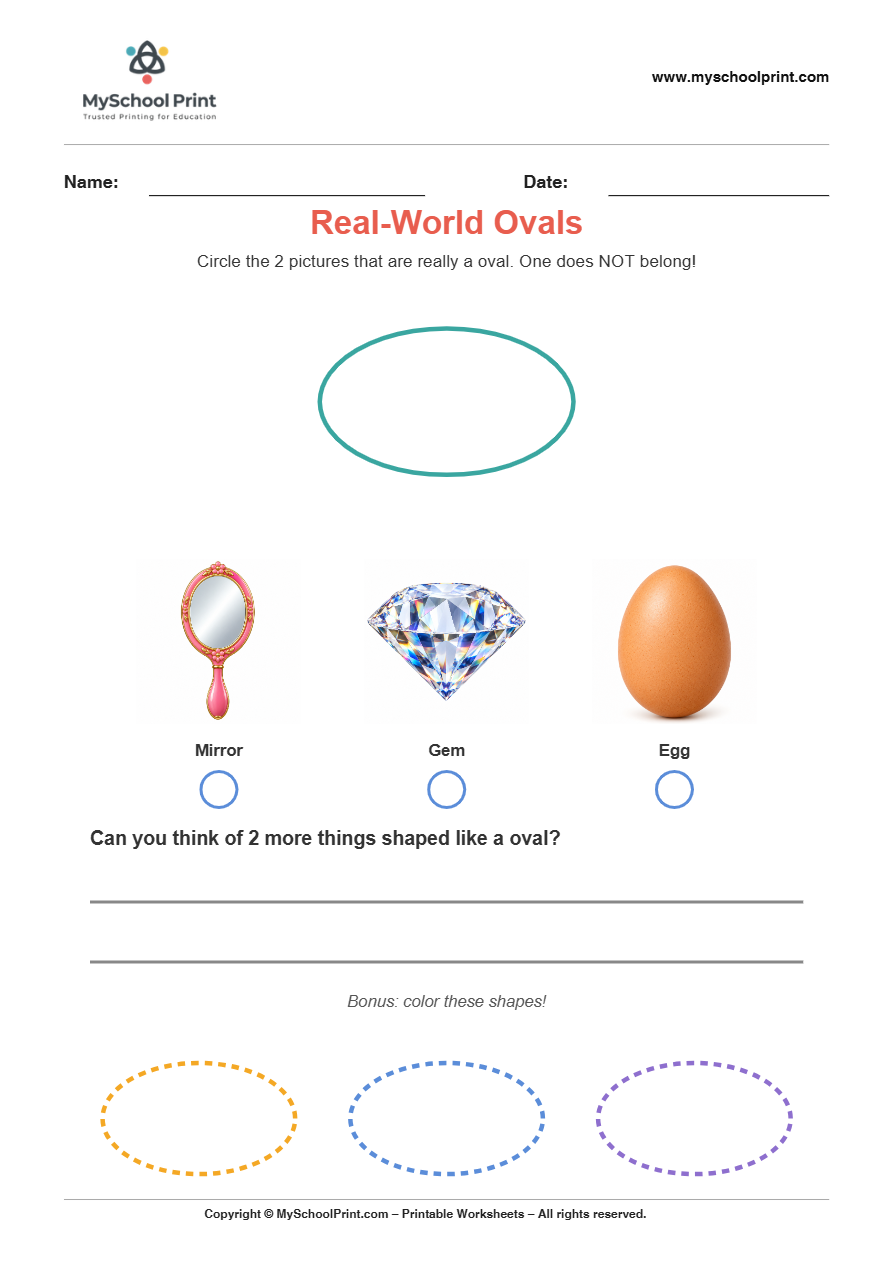 basic realworld oval worksheet for kindergarten kids