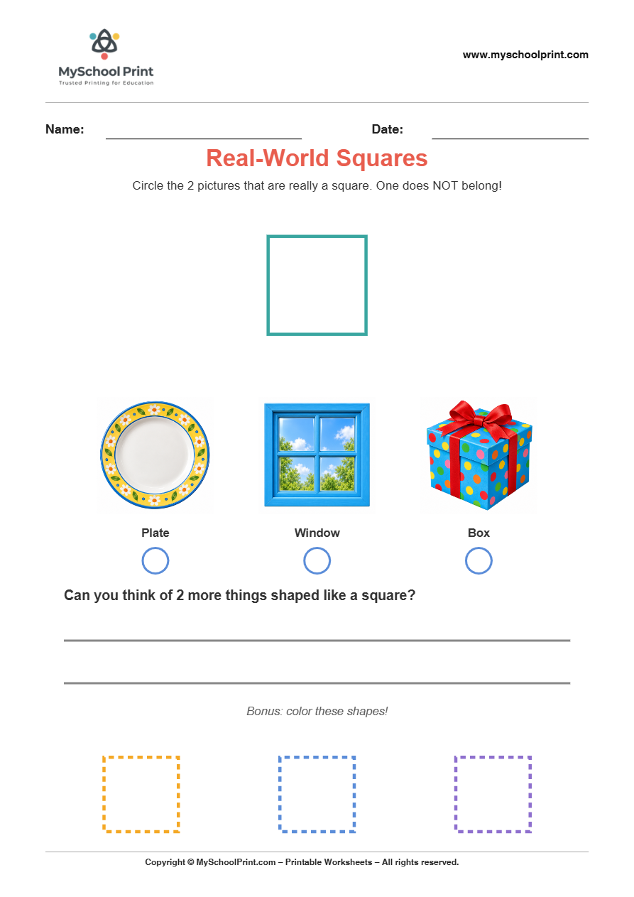 basic realworld square worksheet for kindergarten kids