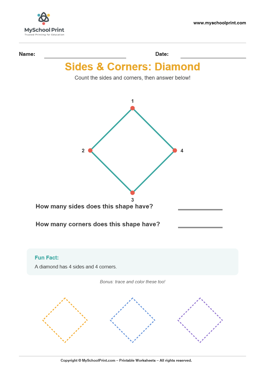 basic sidescorners diamond worksheet for kindergarten kids