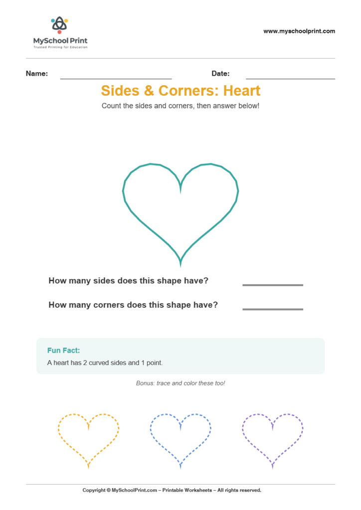 basic sidescorners heart worksheet for kindergarten kids