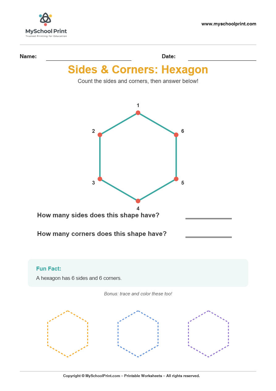 basic sidescorners hexagon worksheet for kindergarten kids