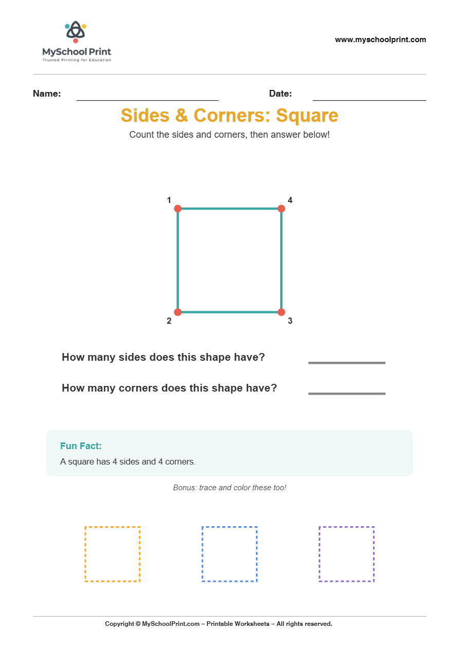 basic sidescorners square worksheet for kindergarten kids