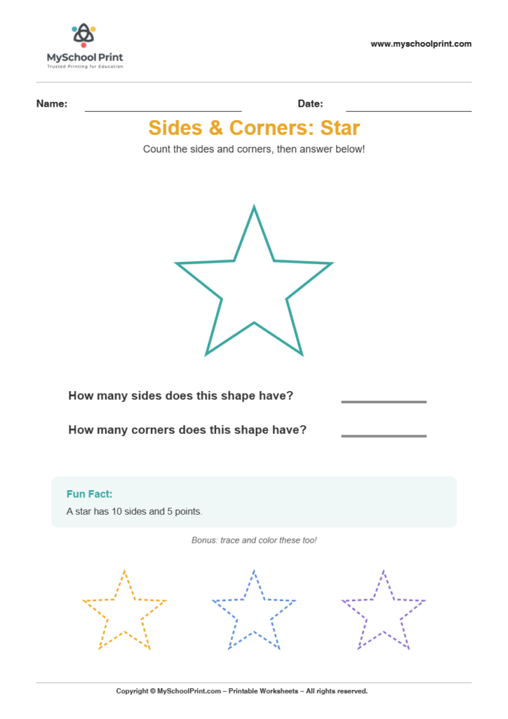 basic sidescorners star worksheet for kindergarten kids