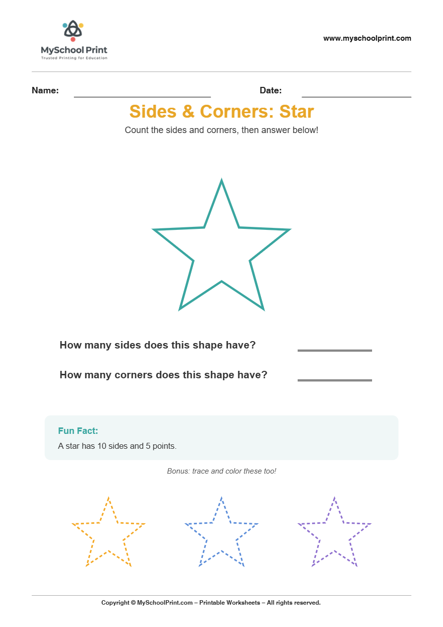 basic sidescorners star worksheet for kindergarten kids