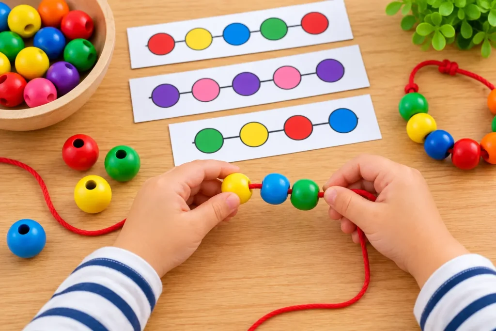 Child practicing beading and threading to develop fine motor skills