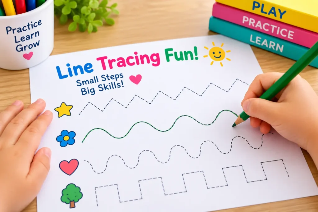 Preschooler practicing curve and zigzag tracing activities