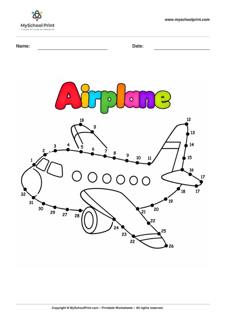 Dot to Dot Airplane Coloring Worksheet for Kids