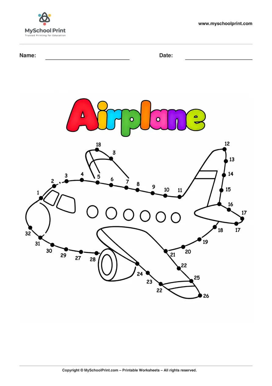 Dot to Dot Airplane Coloring Worksheet for Kids