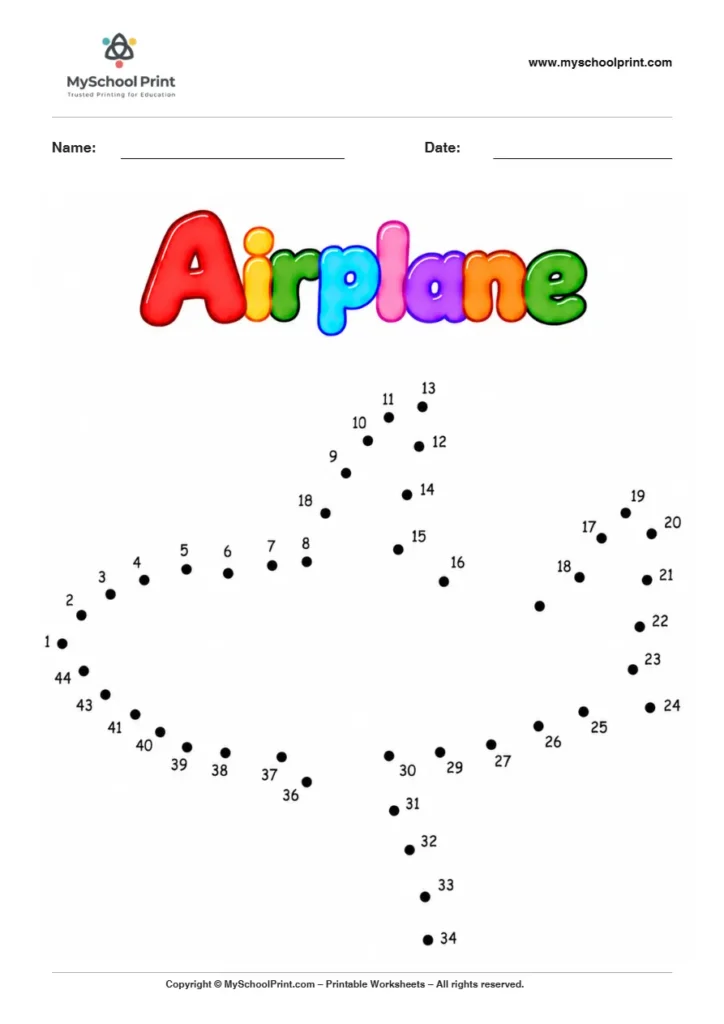Airplane dot to dot worksheet for kids