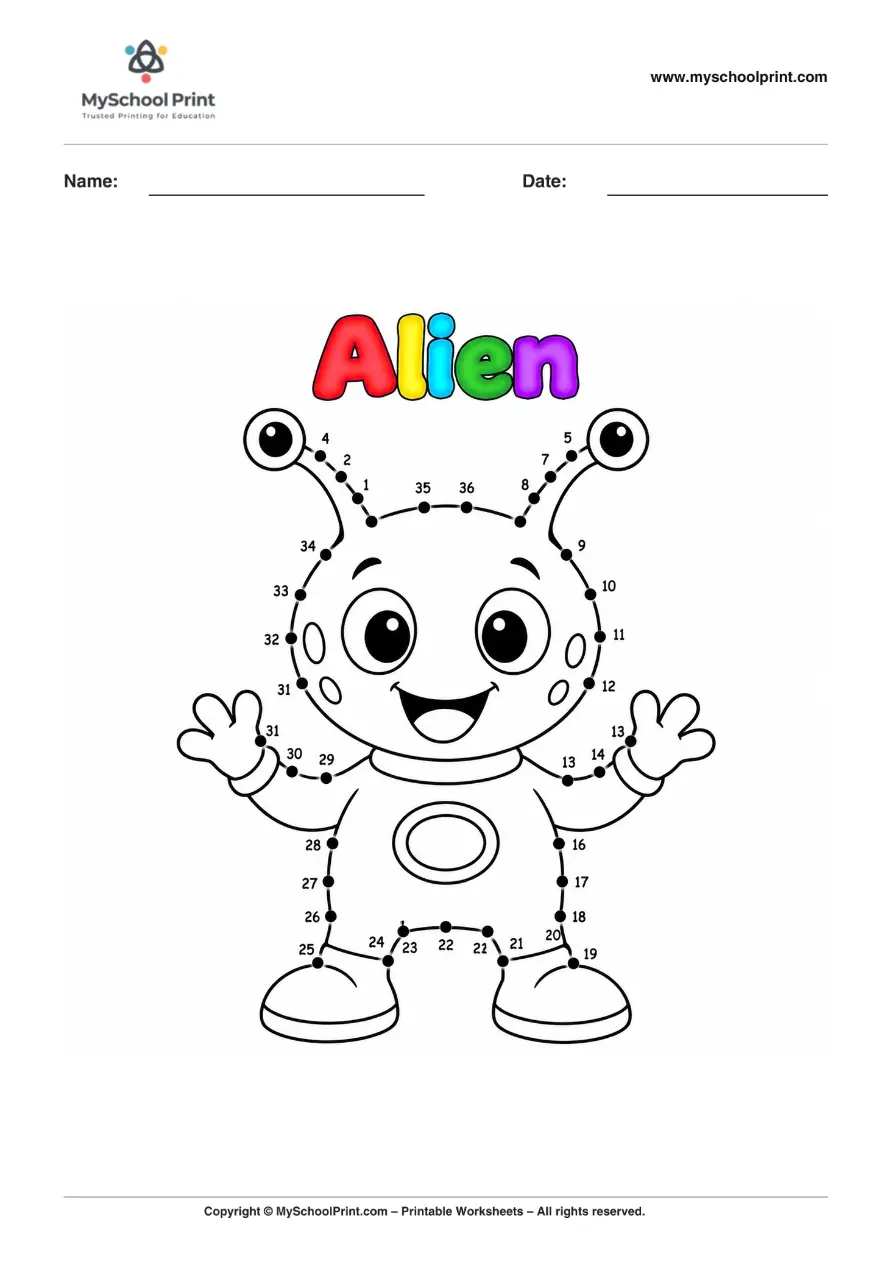 Dot to Dot Alien Coloring Worksheet for Kids