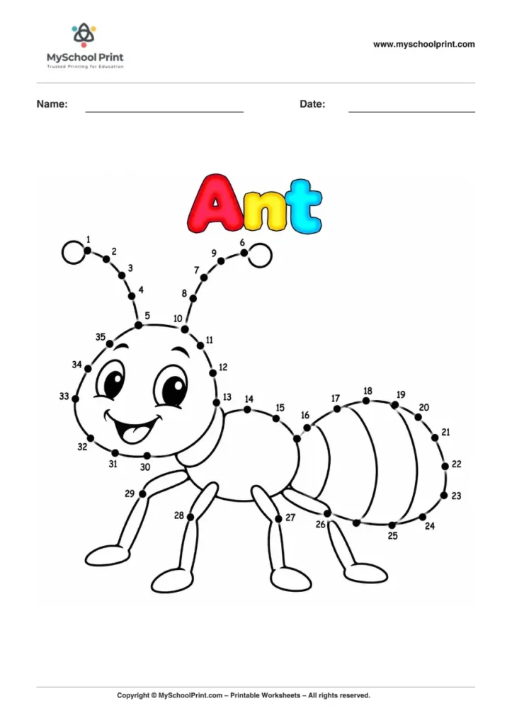 Dot to Dot Ant Coloring Worksheet for Kids