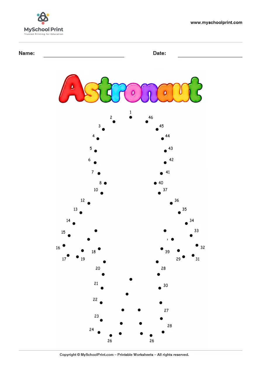 Astronaut dot to dot worksheet for kids