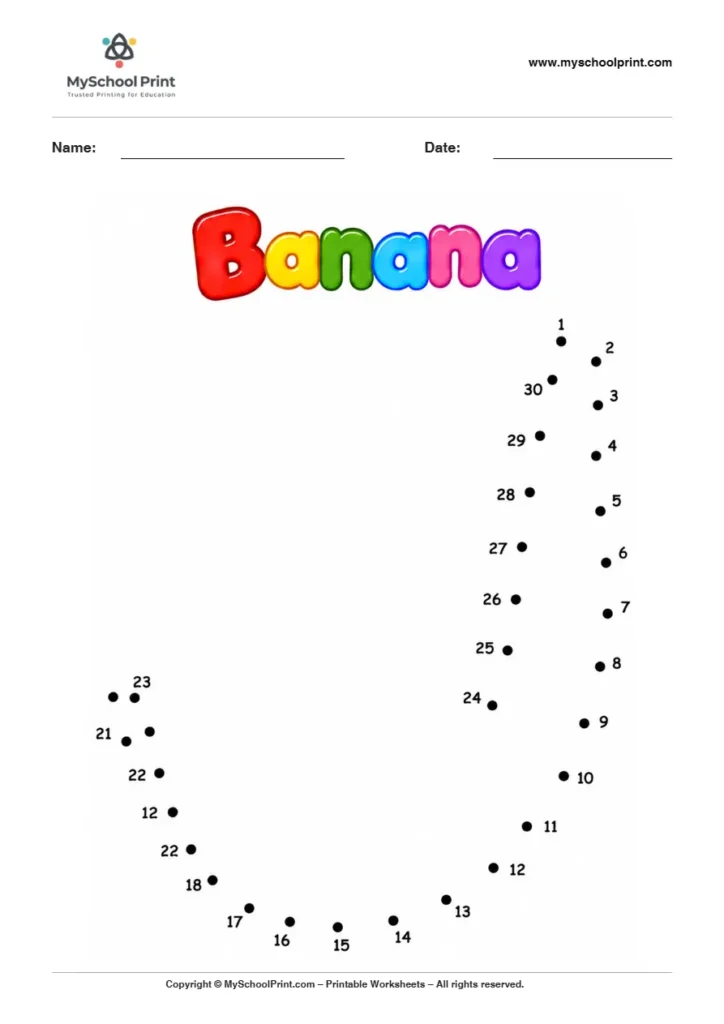 Banana dot to dot worksheet for kids