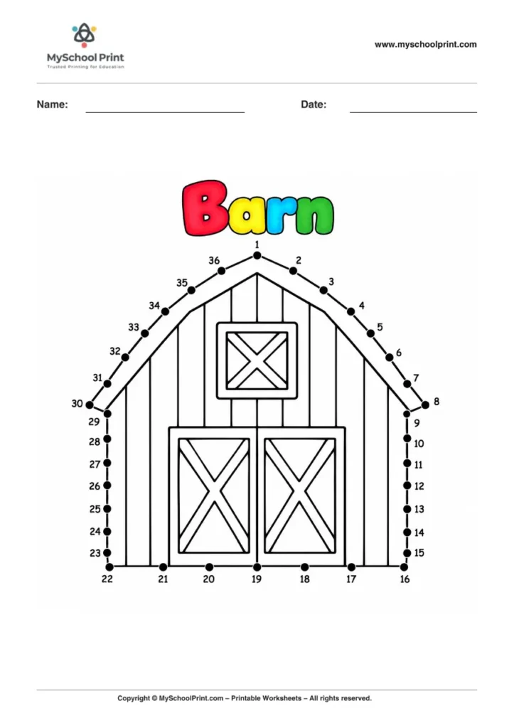 Dot to Dot Barn Coloring Worksheet for Kids