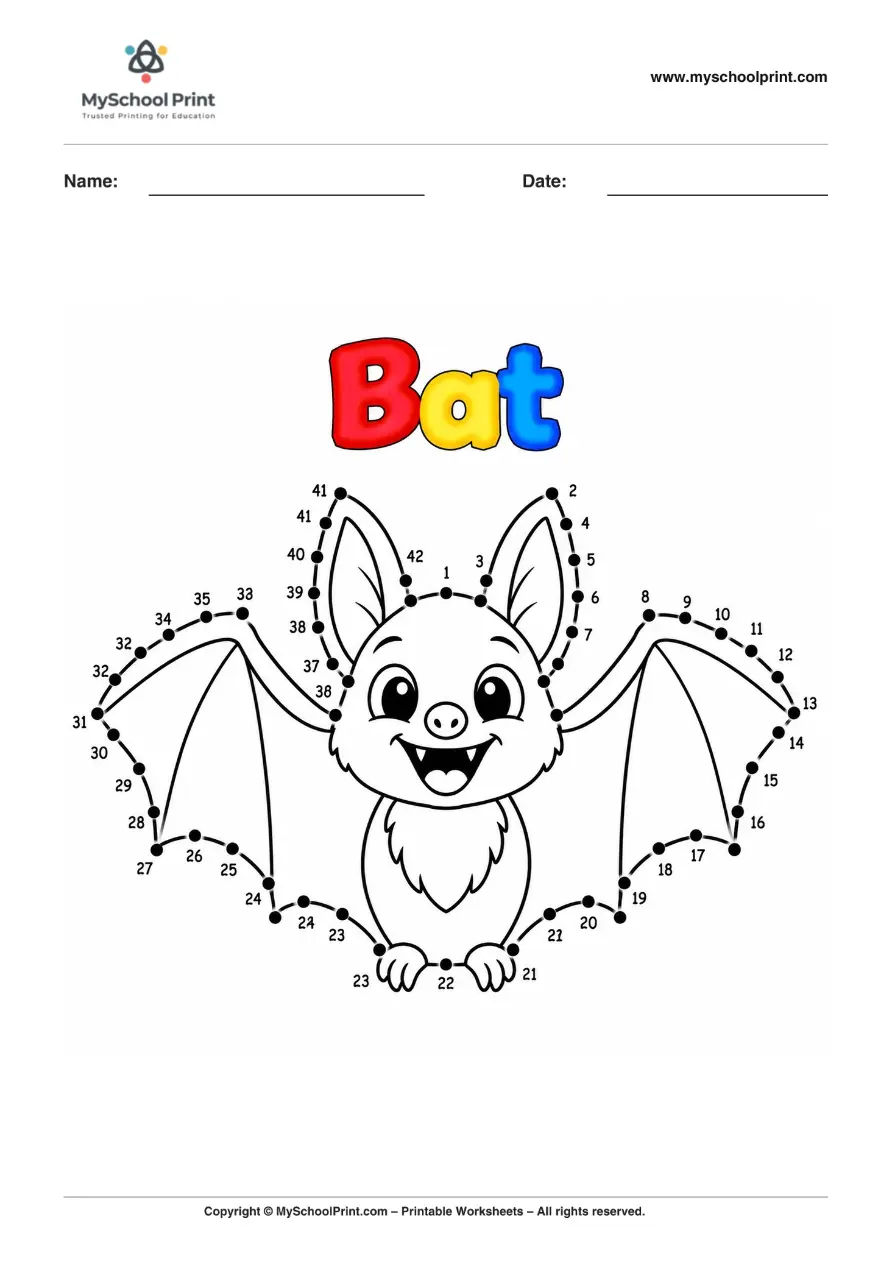 Dot to Dot Bat Coloring Worksheet for Kids