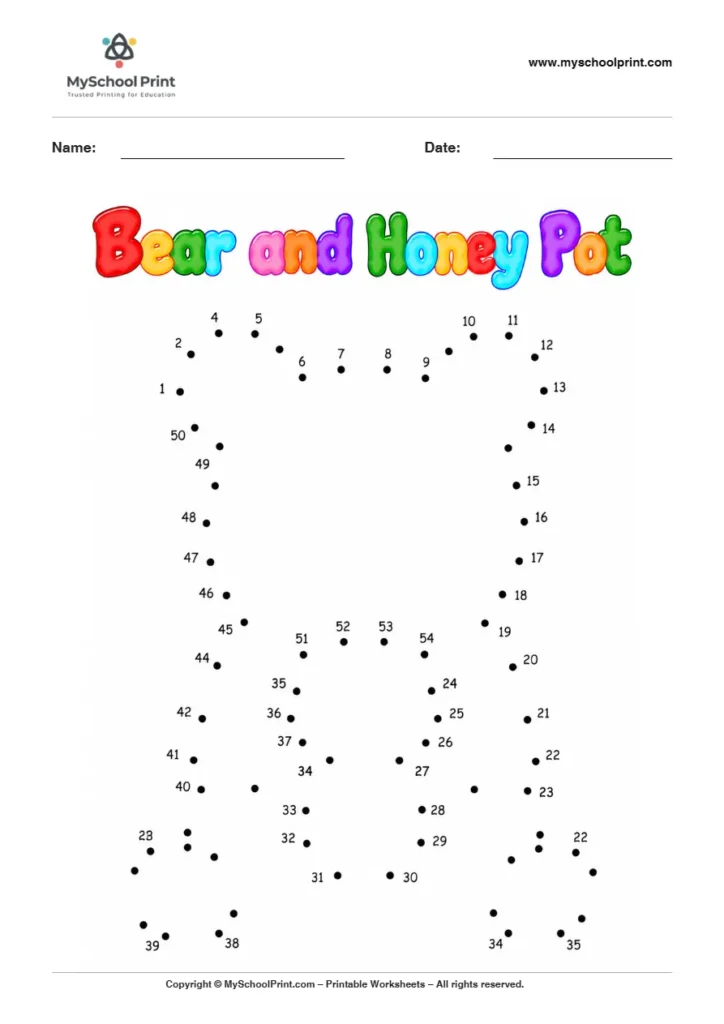Bear And Honey Pot dot to dot worksheet for kids