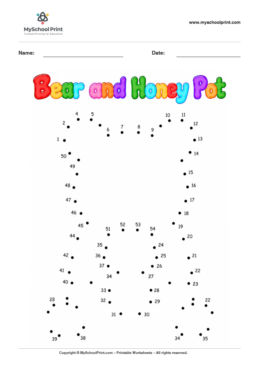 Bear And Honey Pot dot to dot worksheet for kids