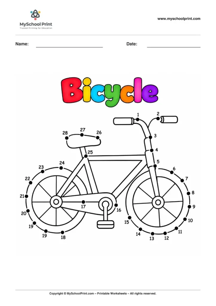 Dot to Dot Bicycle Coloring Worksheet for Kids