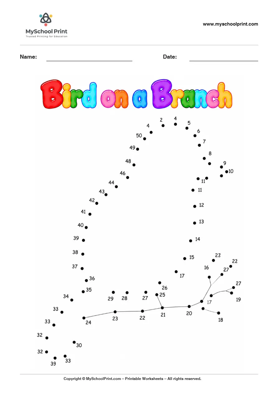 Bird On A Branch dot to dot worksheet for kids