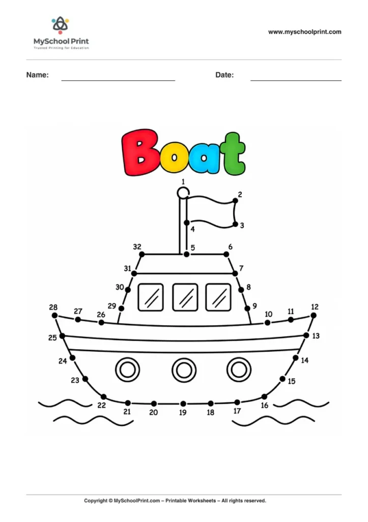 Dot to Dot Boat Coloring Worksheet for Kids