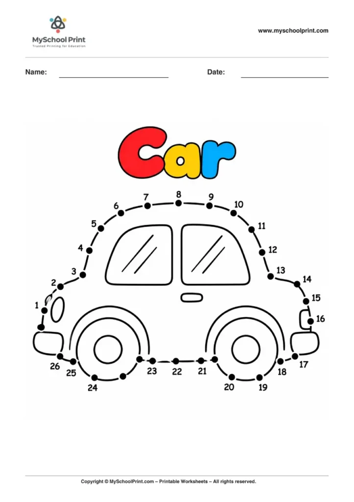 Dot to Dot Car Coloring Worksheet for Kids