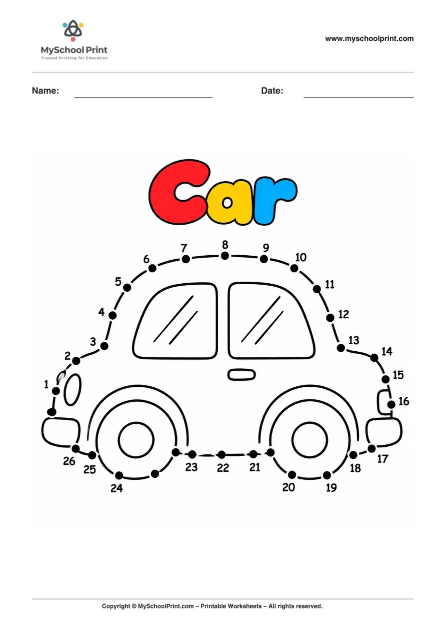 Dot to Dot Car Coloring Worksheet for Kids