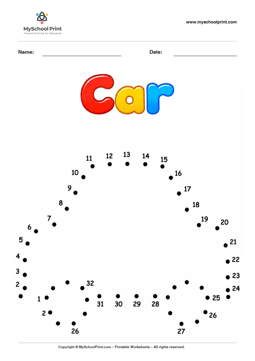 Car dot to dot worksheet for kids