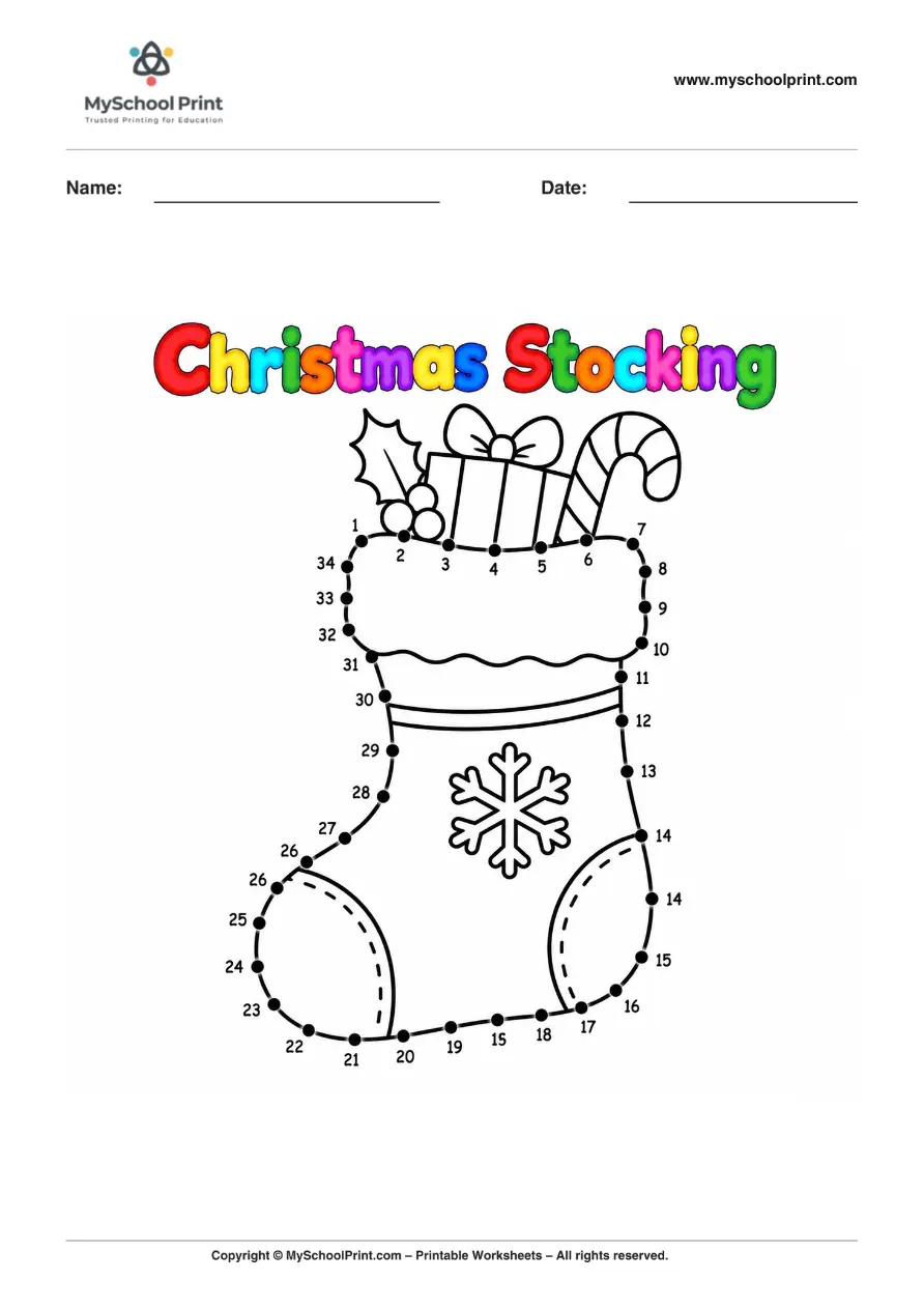 Dot to Dot Christmas Stocking Coloring Worksheet for Kids